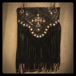 Black Faux Leather Crossbody Purse w/Studded Fringe & Rhinestone Cross & Accents